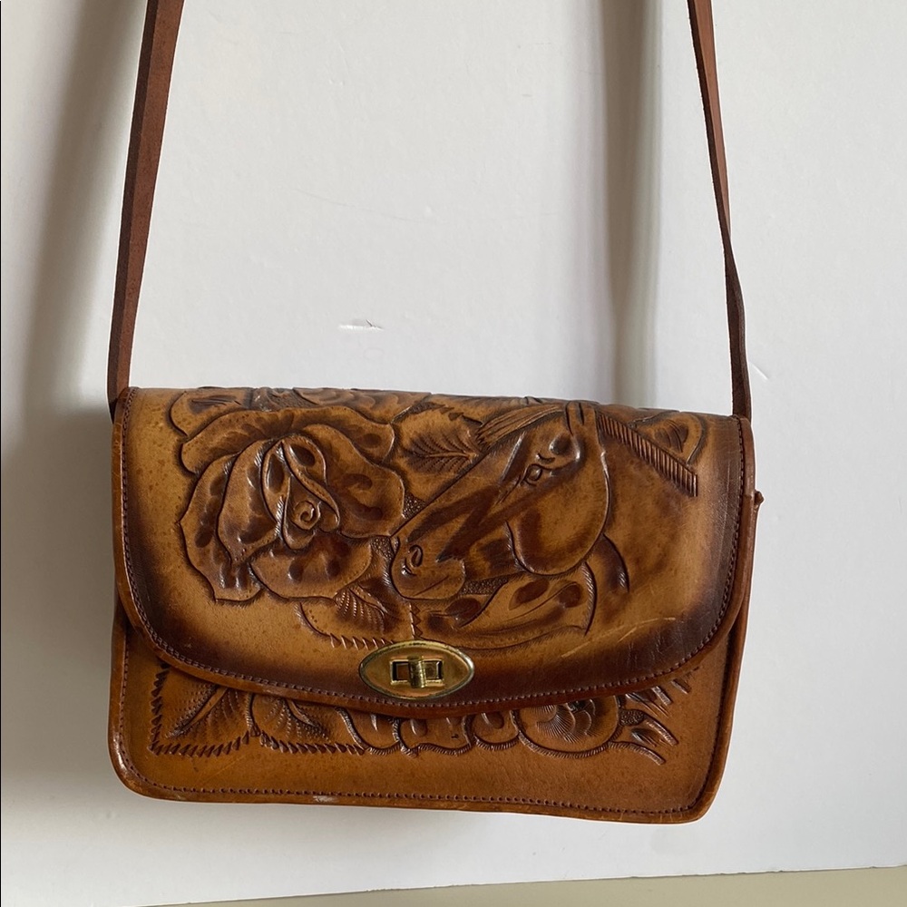 Hand tooled Mexican Brown Leather Floral Embossed Shoulder Bag